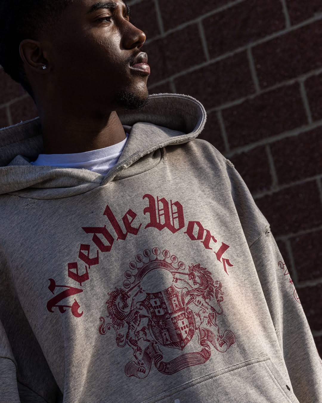 Needlework Artifact hoodie photographed in natural light against a brick wall